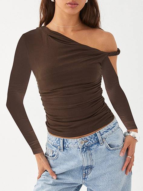 Lily Elegant One-Shoulder Pleated Long-Sleeved T-shirt
