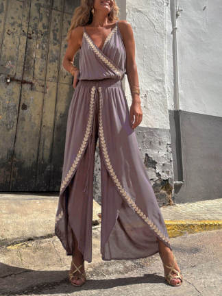 Amelia Gold Trim Cross-Neck Elastic Waist Jumpsuit
