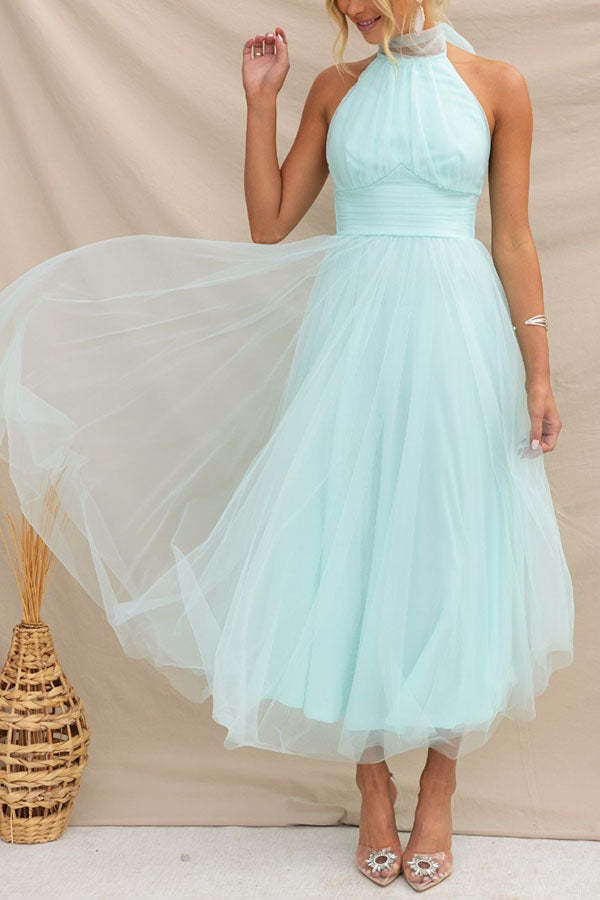Sarah Elegant Tulle Gathered Detail Halter Dress