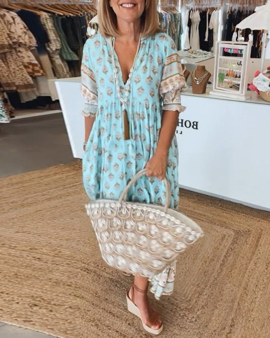Emily Elegant V-Neck Printed Midi Dress with Balloon Sleeves