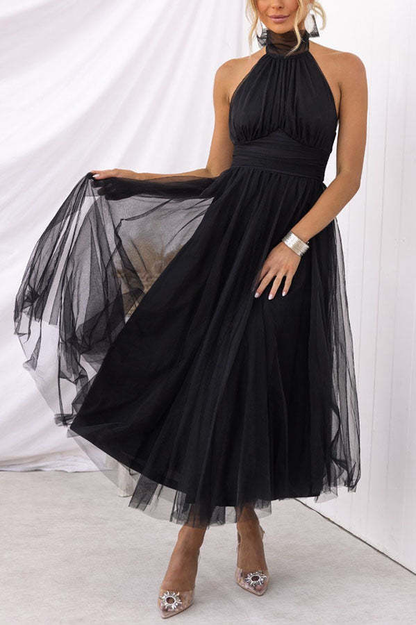 Sarah Elegant Tulle Gathered Detail Halter Dress