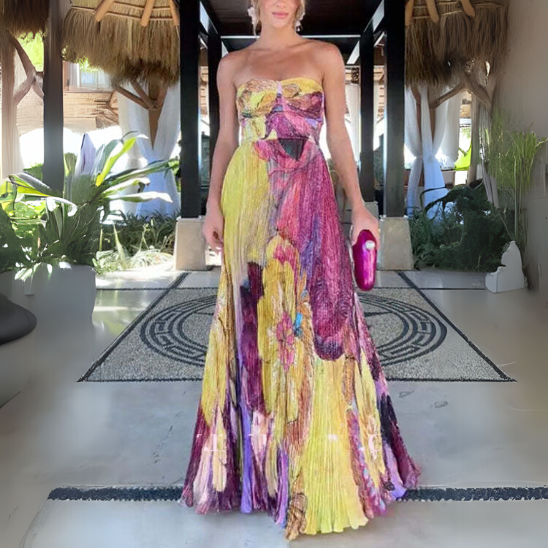 Emma Elegant Floral Print Waisted Swing Maxi Dress