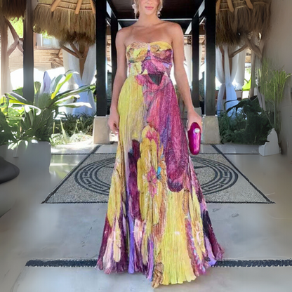 Emma Elegant Floral Print Waisted Swing Maxi Dress