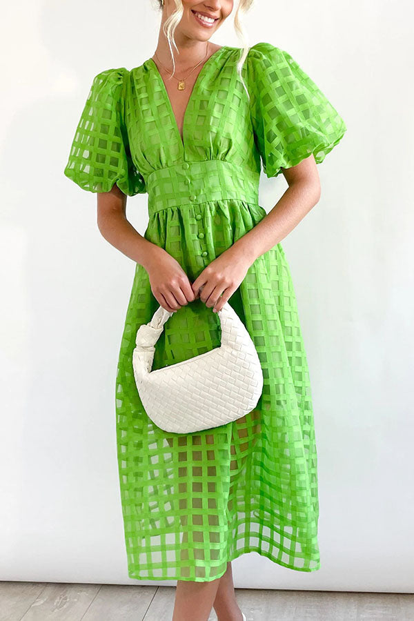Layla Elegant Puff Sleeve Square Pattern Dress