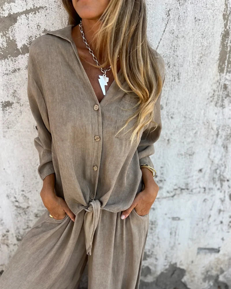 Mia Casual Solid Shirt & Wide Leg Two-Piece Set