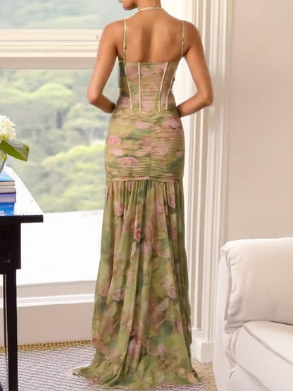 Emily Elegant Green Floral Asymmetric Bodycon Dress