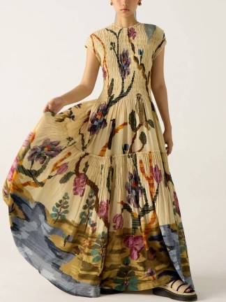 Zoey Elegant Pleated Print Maxi Gown