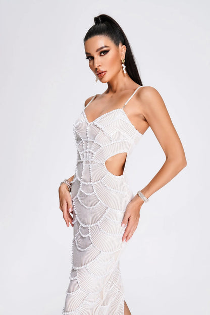 Mia Elegant Sequin Pearl Midi Dress