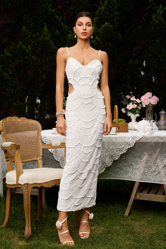 Mia Elegant Sequin Pearl Midi Dress