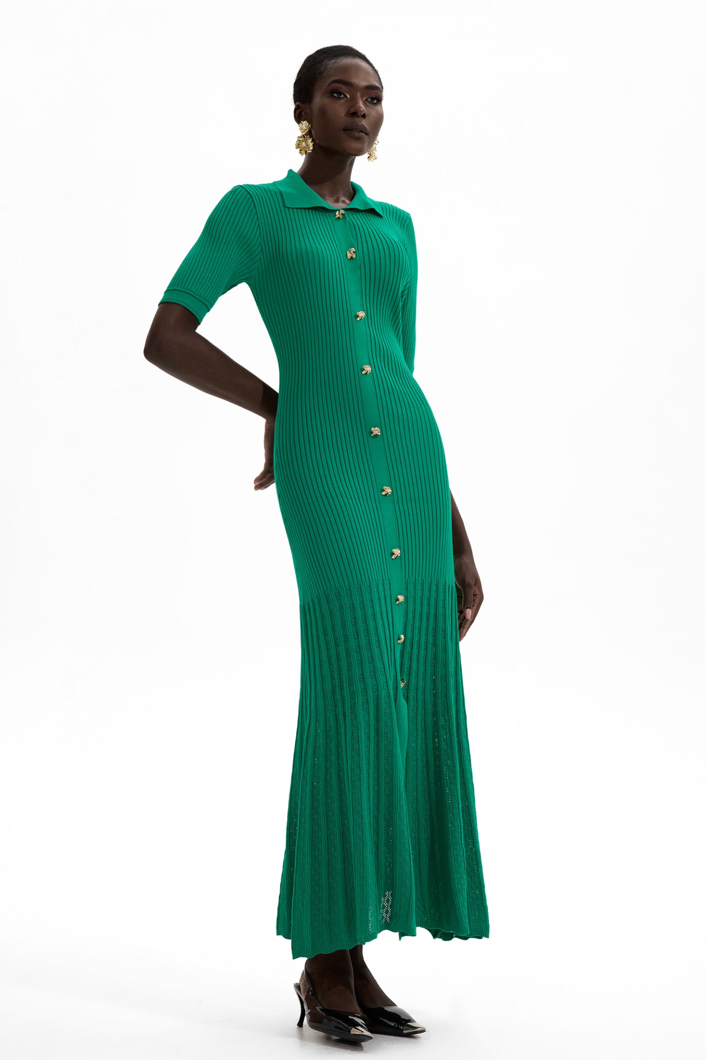 Maya Elegant Metal Button Midi Dress