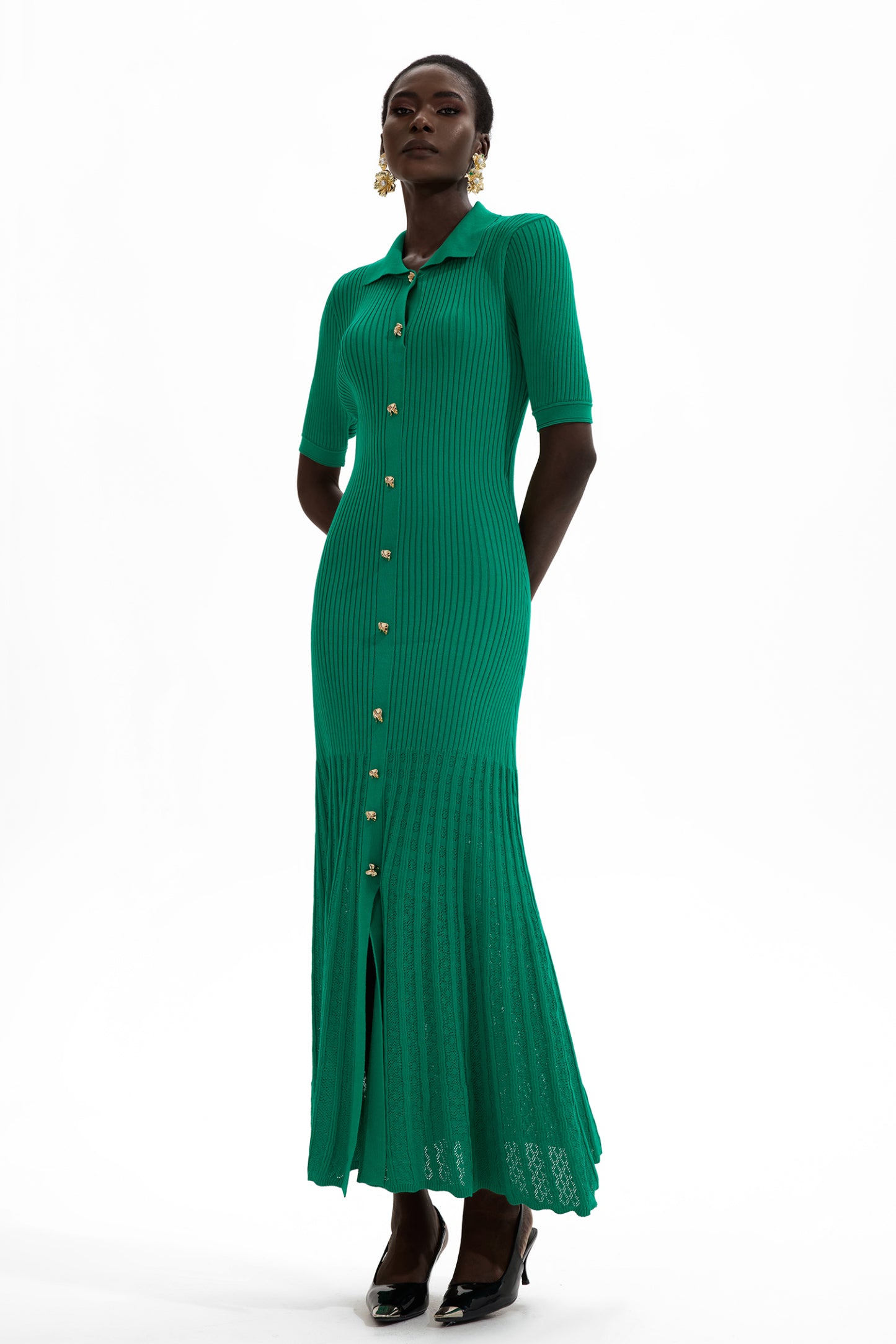Maya Elegant Metal Button Midi Dress
