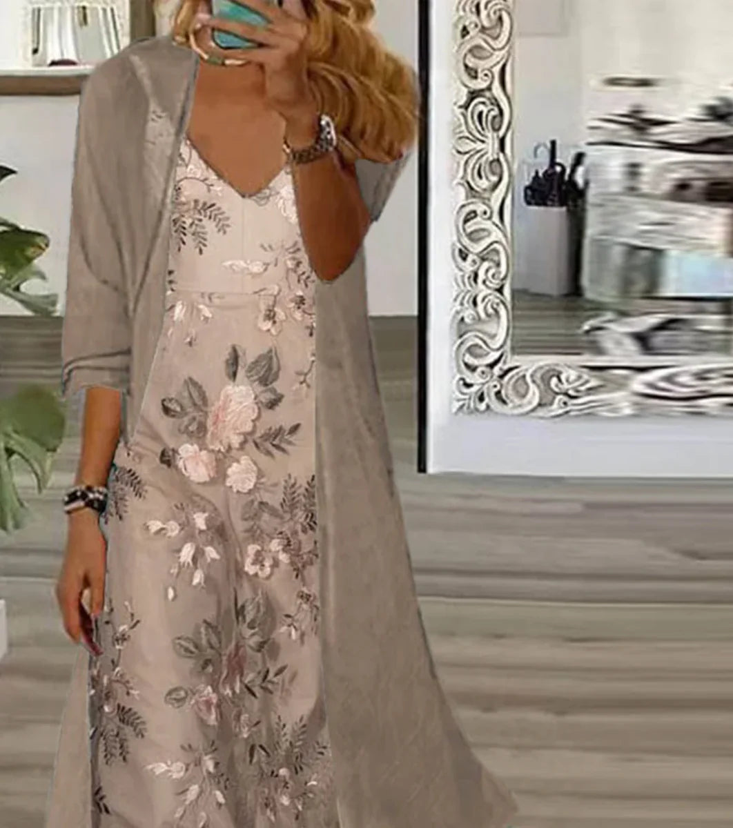 Youthful Ditsy Floral Print Maxi Dress With Thin Jacket Two Piece Outfits
