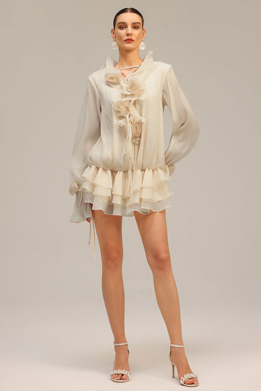 Bella Long Sleeves Flowers Layered Folds Mini Dress