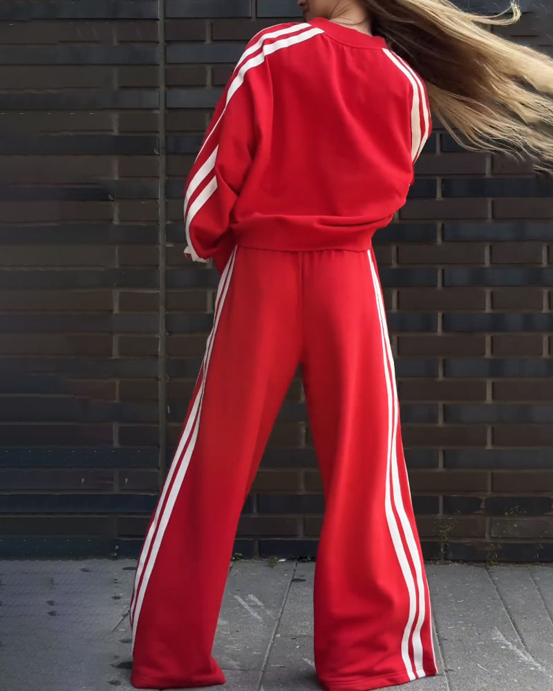 Nora Casual V-Neck Striped Sweat & Wide Leg Pants Two-Piece Set