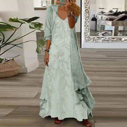 Youthful Ditsy Floral Print Maxi Dress With Thin Jacket Two Piece Outfits