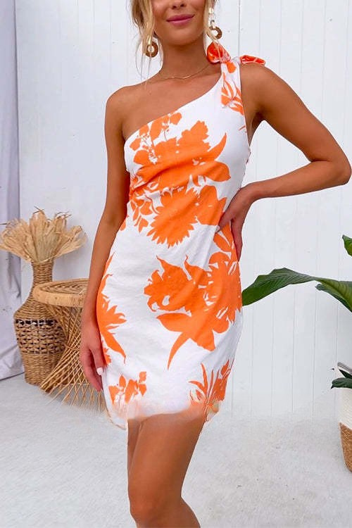 Tie Knot One Shoulder Printed Dress