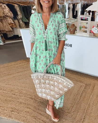 Emily Elegant V-Neck Printed Midi Dress with Balloon Sleeves