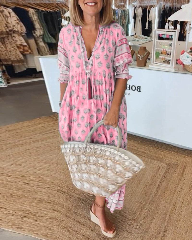 Emily Elegant V-Neck Printed Midi Dress with Balloon Sleeves