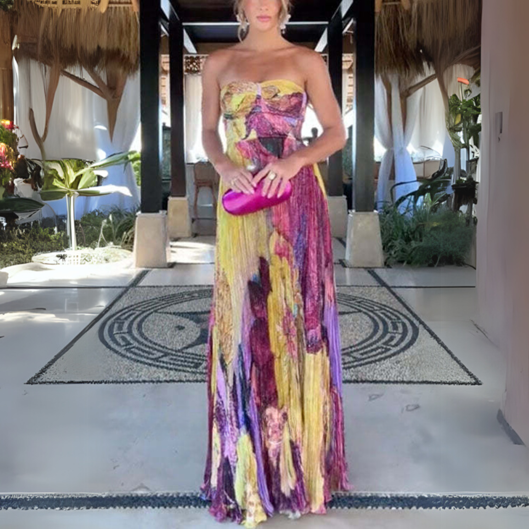 Emma Elegant Floral Print Waisted Swing Maxi Dress