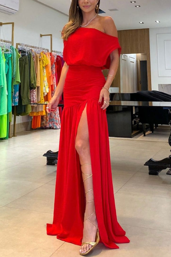 Leah Elegant Ruched One-Shoulder Maxi Gown