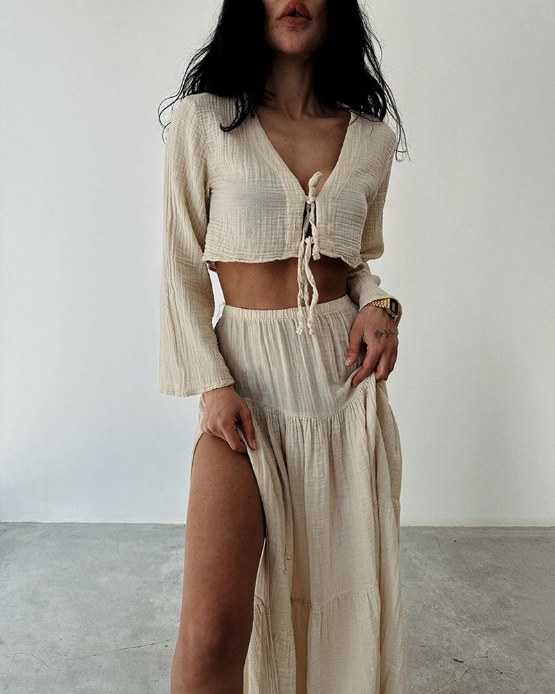 Grace Fashionable lace-up slit cotton and linen two-piece set