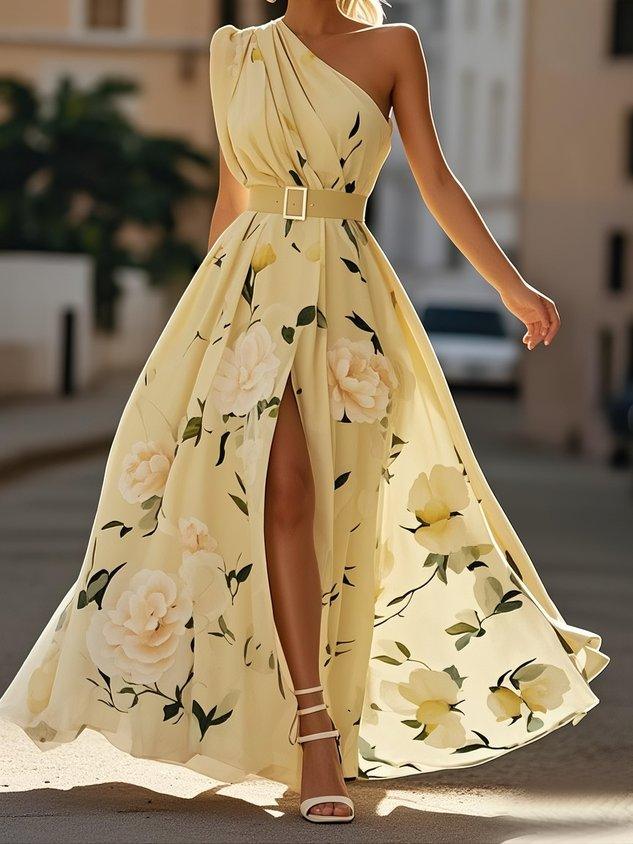Daisy One Shoulder A-Line Maxi Chiffon Dress