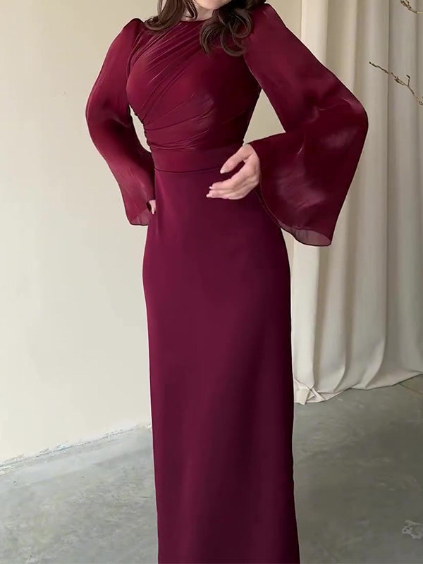 Fashion Solid Color Waistline Sexy Long-Sleeved Dress