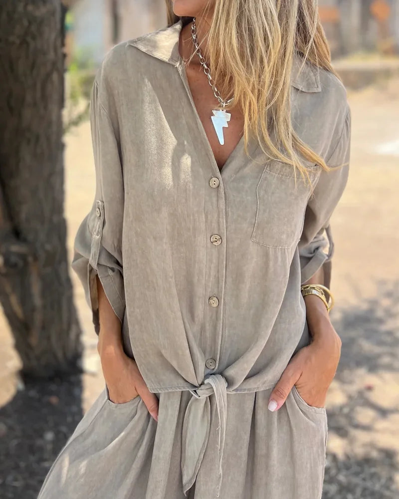 Mia Casual Solid Shirt & Wide Leg Two-Piece Set