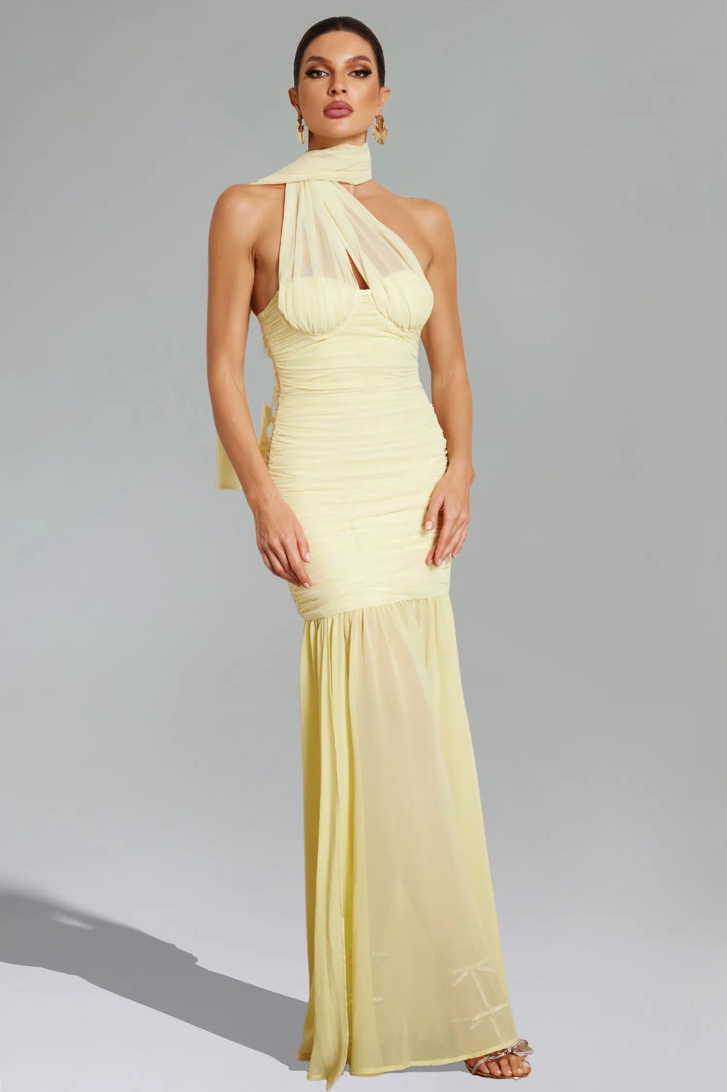 Sofia Sleeveless Ruched Mesh Maxi Dress