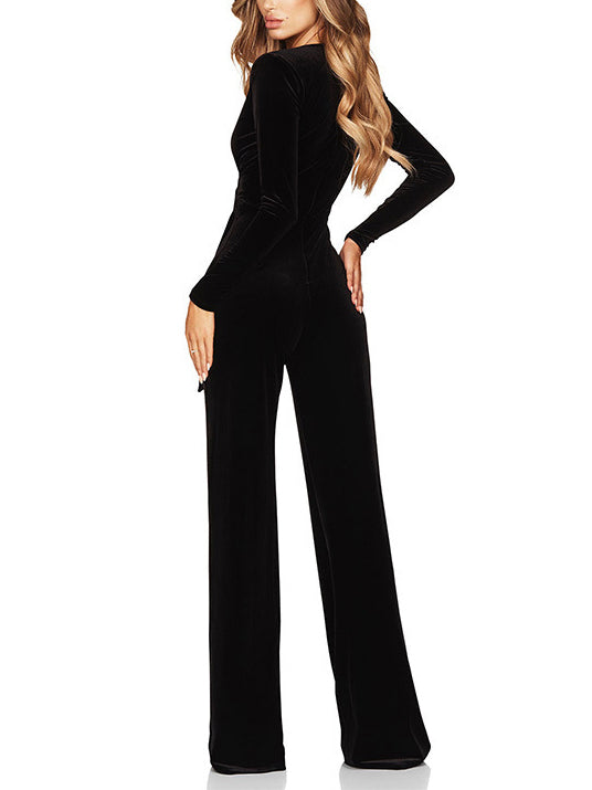 Emily Elegant Velvet Deep V Jumpsuit with Belt