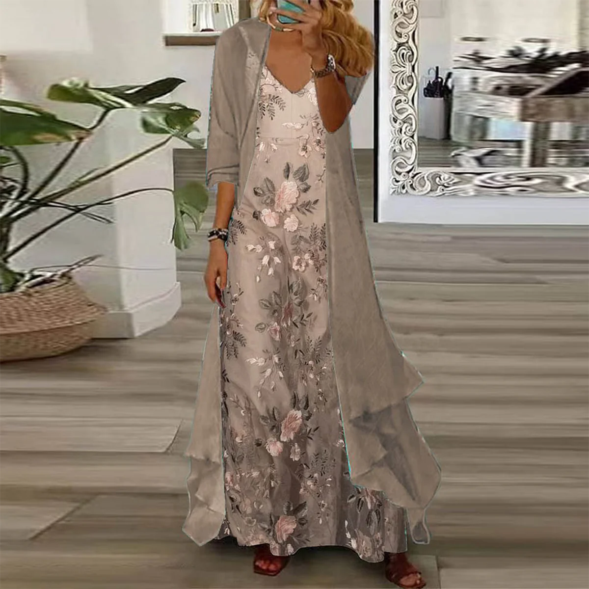 Youthful Ditsy Floral Print Maxi Dress With Thin Jacket Two Piece Outfits
