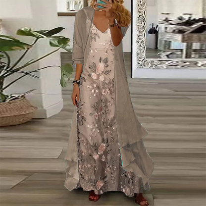 Youthful Ditsy Floral Print Maxi Dress With Thin Jacket Two Piece Outfits