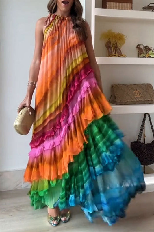 Stella Elegant Tie-Dye Print Layered Ruffles Dress
