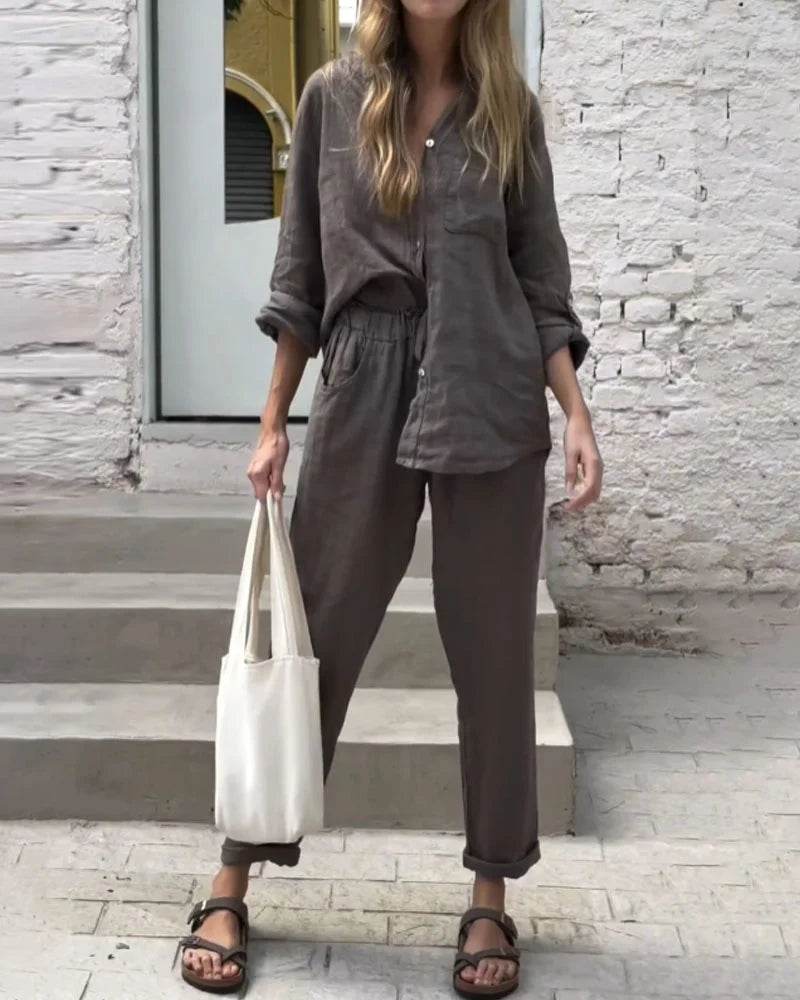 Emma Solid Color V-Neck Cotton Linen Set