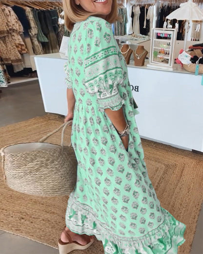 Emily Elegant V-Neck Printed Midi Dress with Balloon Sleeves