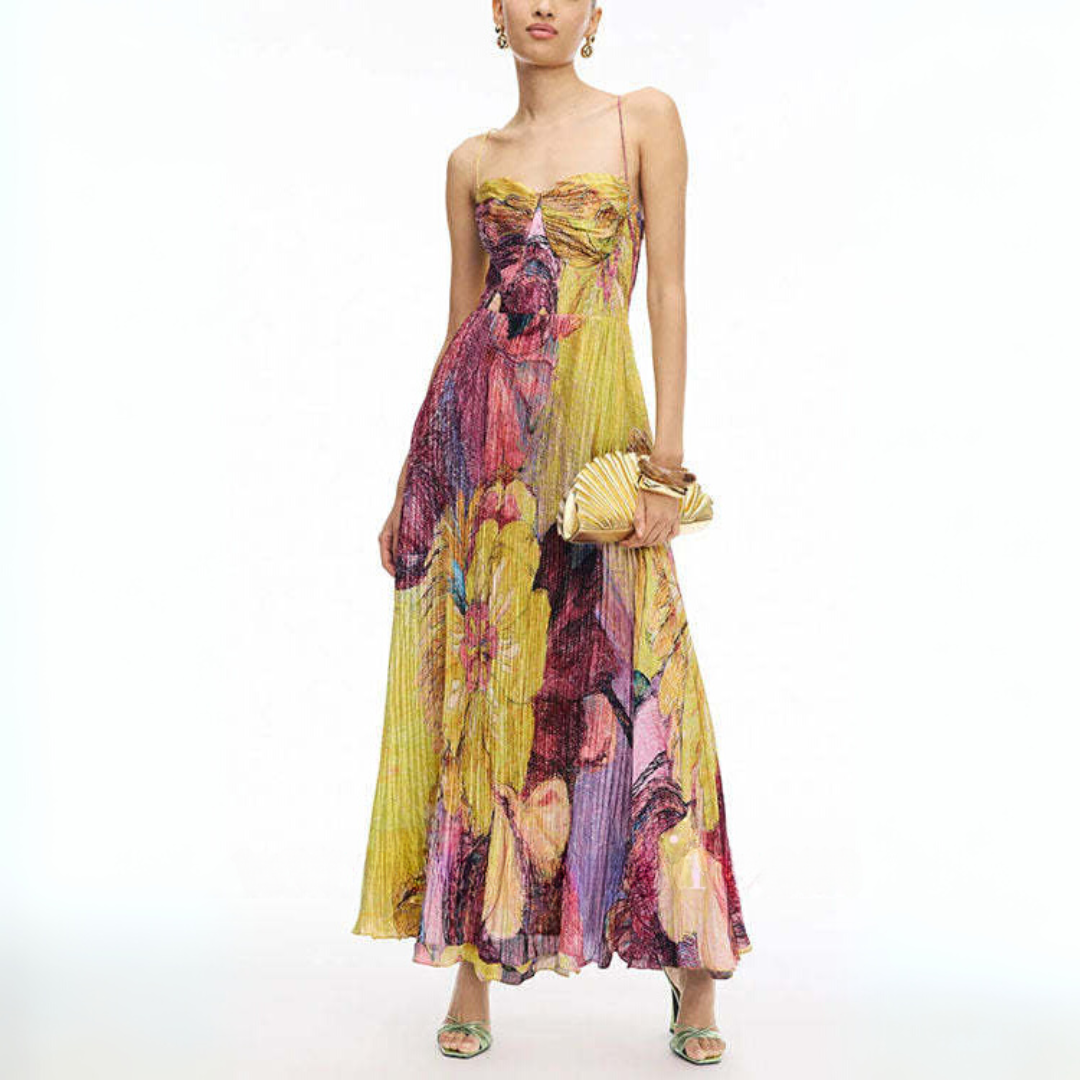 Emma Elegant Floral Print Waisted Swing Maxi Dress
