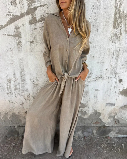 Mia Casual Solid Shirt & Wide Leg Two-Piece Set