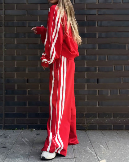 Nora Casual V-Neck Striped Sweat & Wide Leg Pants Two-Piece Set