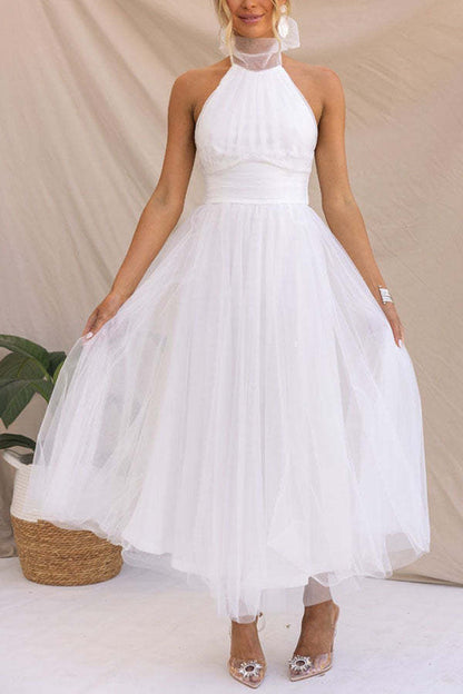 Sarah Elegant Tulle Gathered Detail Halter Dress