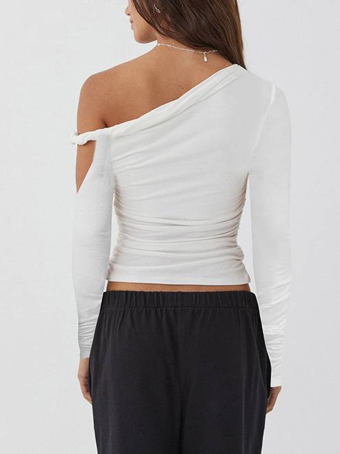 Lily Elegant One-Shoulder Pleated Long-Sleeved T-shirt