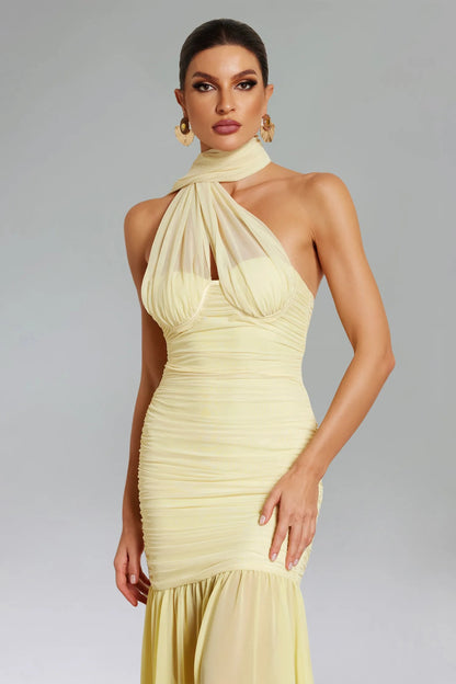 Sofia Sleeveless Ruched Mesh Maxi Dress