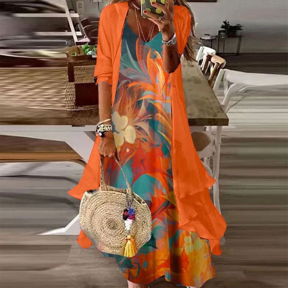 Youthful Ditsy Floral Print Maxi Dress With Thin Jacket Two Piece Outfits