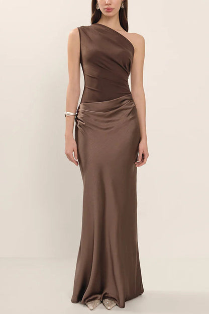 Faith Elegant One-Shoulder Ruched Satin Patchwork Dress