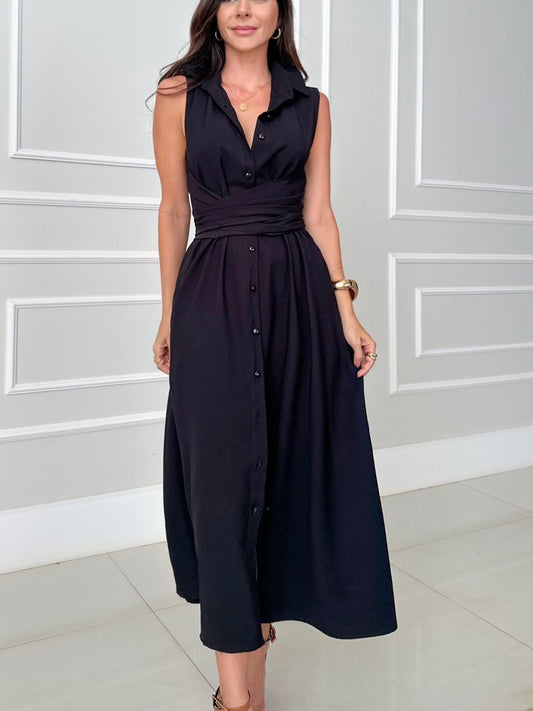 Amelia Elegant Single-Breasted Tie Midi Shirt Dress