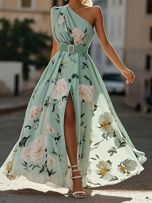 Daisy One Shoulder A-Line Maxi Chiffon Dress
