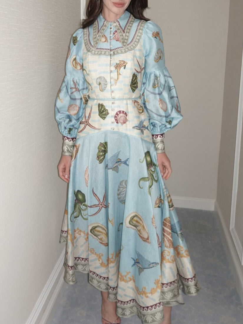Amelia Elegant Deep Sea Floral Midi Dress