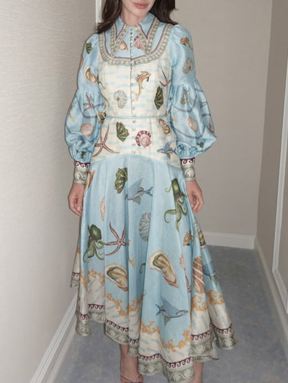 Amelia Elegant Deep Sea Floral Midi Dress