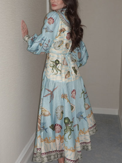 Amelia Elegant Deep Sea Floral Midi Dress