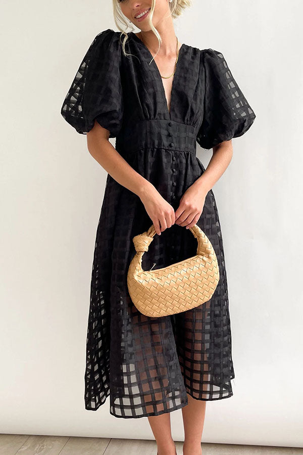 Layla Elegant Puff Sleeve Square Pattern Dress