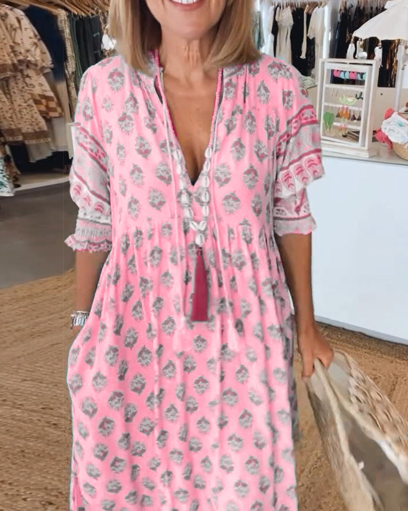 Emily Elegant V-Neck Printed Midi Dress with Balloon Sleeves